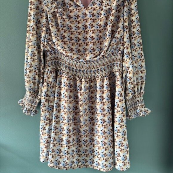 Kori Dress L Blue Brown Floral Puff Sleeve Smocked Cottagecore Boho Prairie - Picture 2 of 10